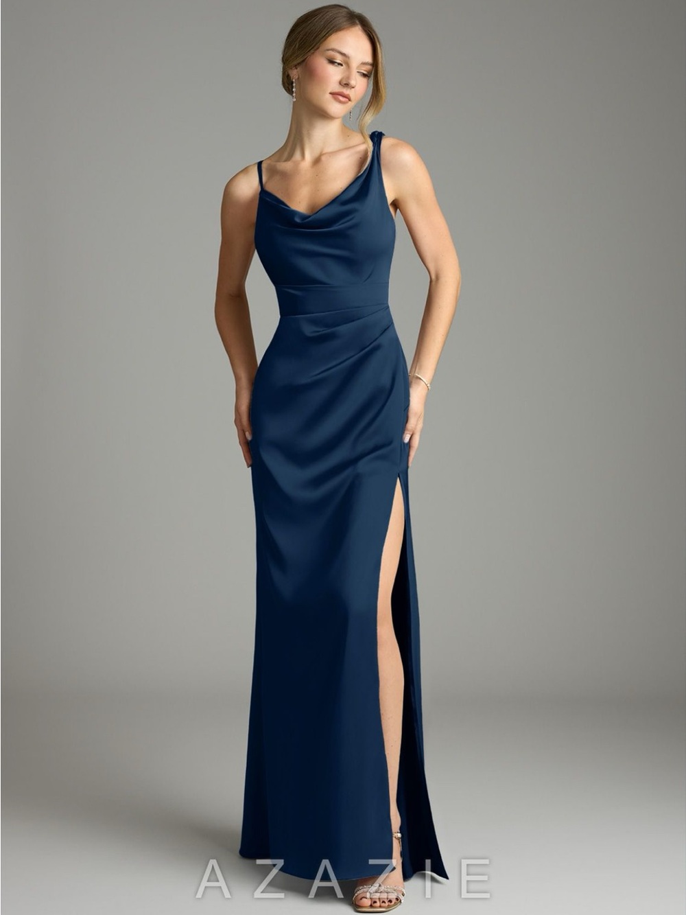 Azazie Navy Satin Cowl Neck Maxi Dress with Side Slit